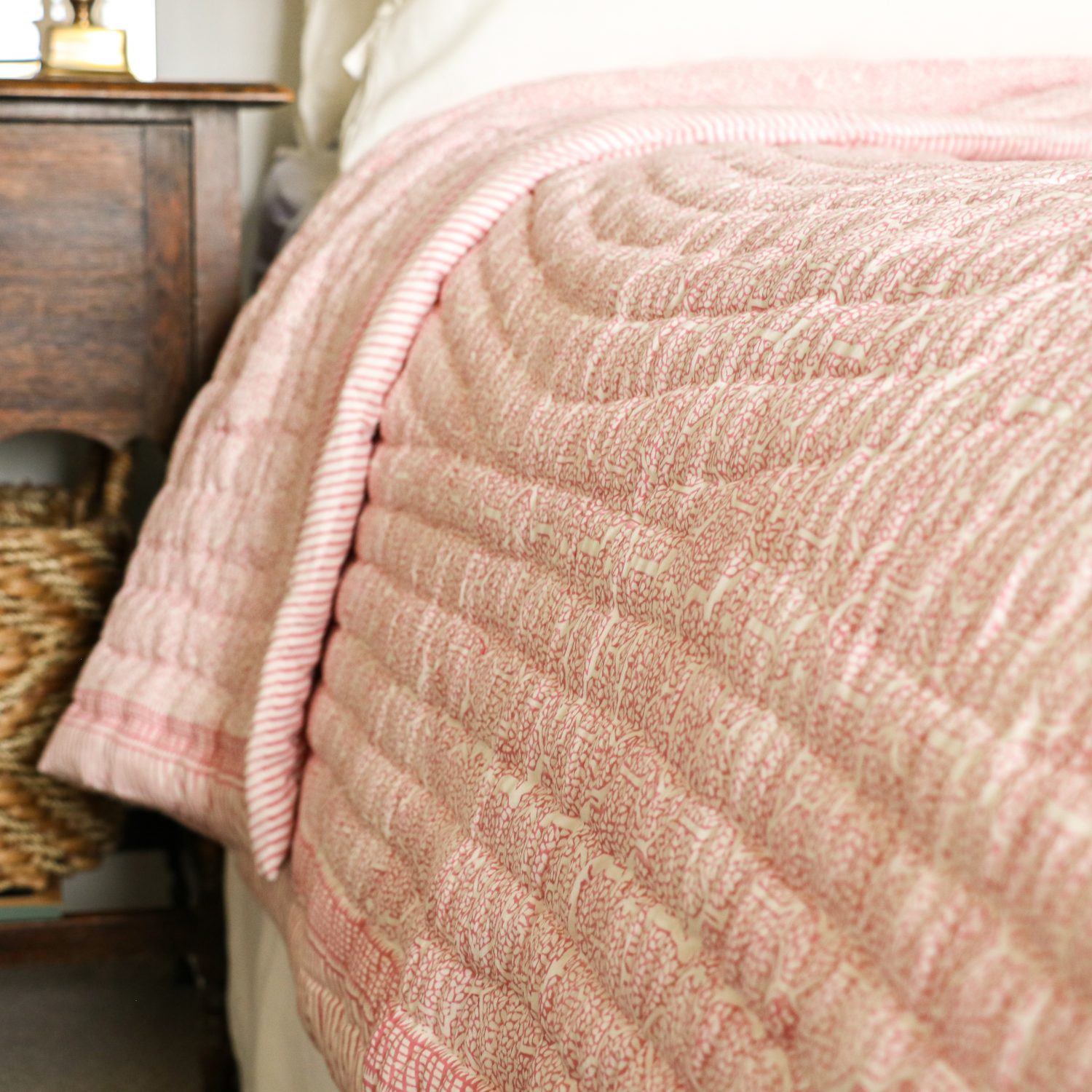 Kiki & Gauntess Quilt in Dusty Rose shenouk, block print, English interiors, country home interiors, English home fabrics, indian block print, English block print, online shopping block print, exclusive block print design, block print quilts, block print bedding, reversible bed quilts