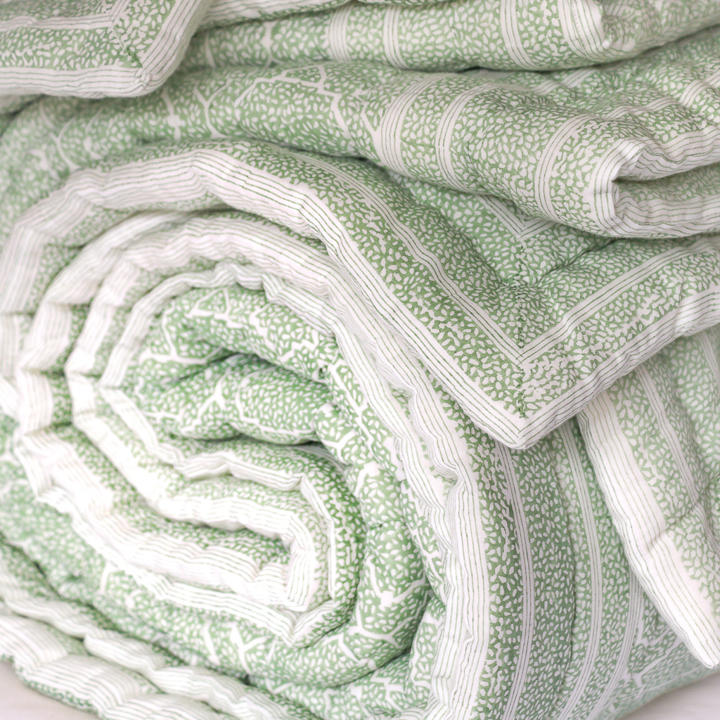 Gauntess Quilt in Willow & Sage, shenouk, block print cushions, indian block print, indian block print fabric, linen block print, linen cushions, indian textiles, indian block print cushions, linen cushions, block print quilts, block print bedding