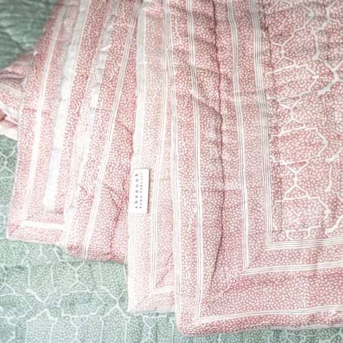 Gauntess Quilt in Dusty Rose & Petal, shenouk, block print cushions, indian block print, indian block print fabric, linen block print, linen cushions, indian textiles, indian block print cushions, linen cushions, block print quilts, block print bedding