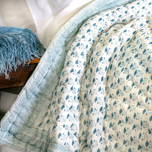 shenouk, block print quilt, block print bedding, online block print, online shopping quilt, handmade quilt, indian textiles, luxury quilts, girls quilts, boys quilts, single quilts, indian quilts, reversible quilts, blue quilts, bedroom decor, English interiors, country house bedroom