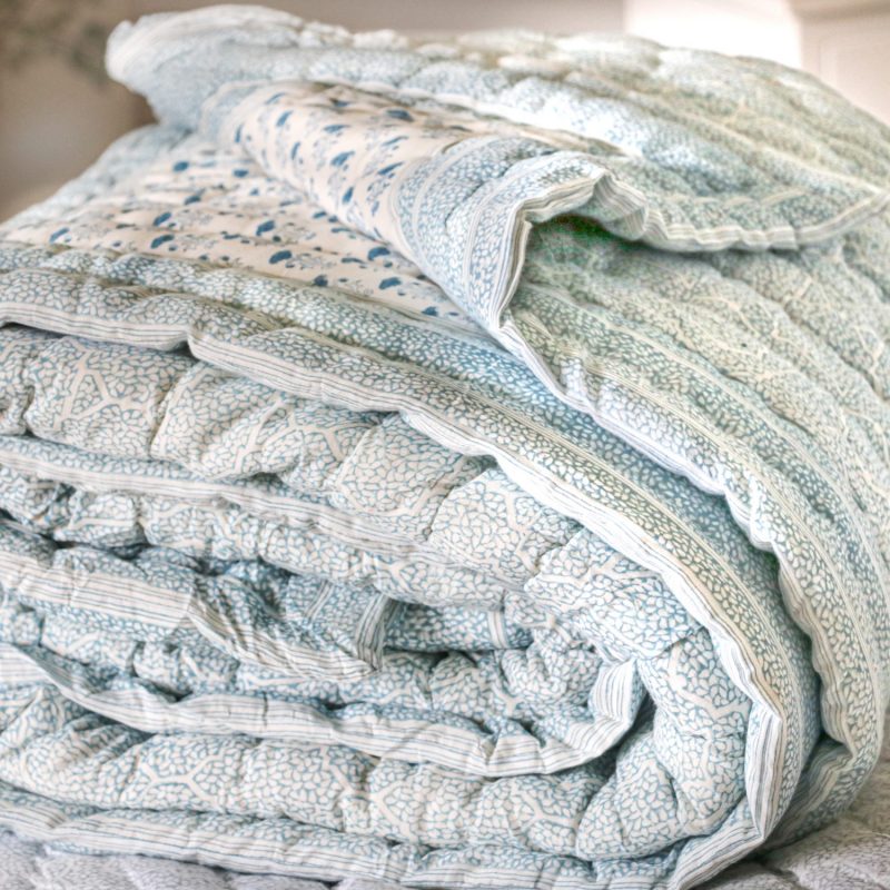 shenouk, block print quilt, block print bedding, online block print, online shopping quilt, handmade quilt, indian textiles, luxury quilts, girls quilts, boys quilts, single quilts, indian quilts, reversible quilts, blue quilts, bedroom decor, English interiors, country house bedroom