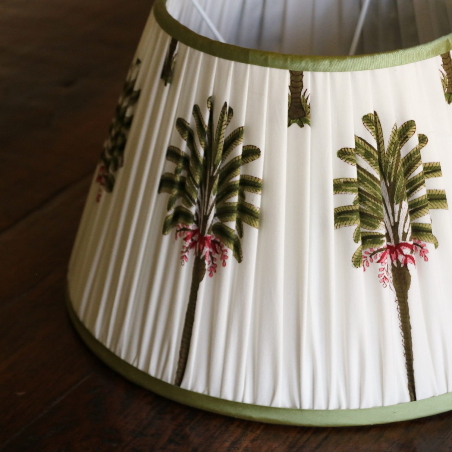 Palm Tree Lampshade block print, shenouk, luxury lampshades, gathered lampshades, English interiors, English country home decor, pleated lampshades, shenouk, premium lampshades, online shopping block print, online shopping lampshades, Indian textiles, English block print, indian block print, palm tree, palm tree lampshades