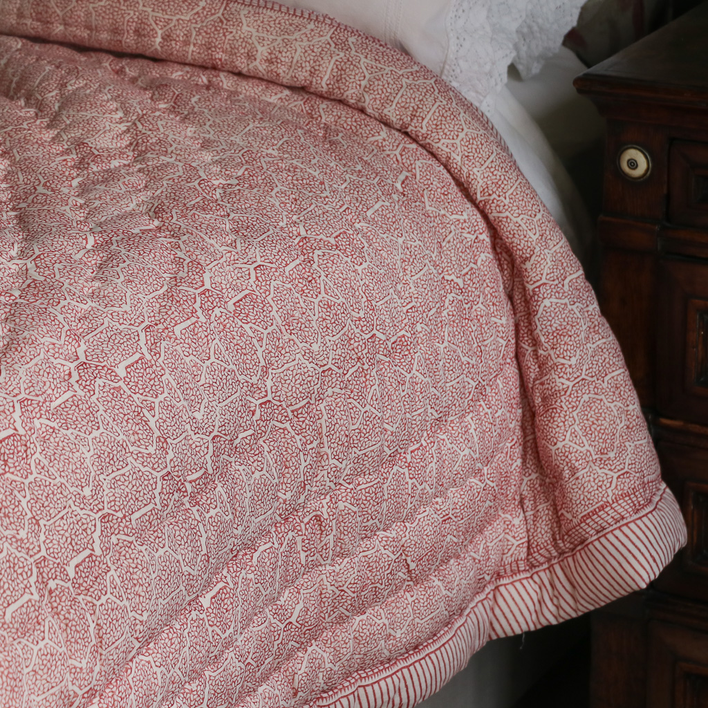 Kiki & Gautness Quilt in Ruby. Indian block print fabric. Indian block print. Block print quilts. Block print bedding.