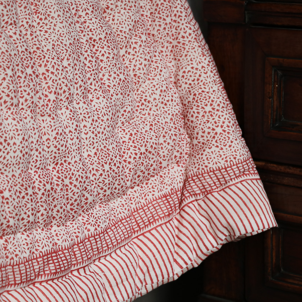 Kiki & Gautness Quilt in Ruby. Indian block print fabric. Indian block print. Block print quilts. Block print bedding.