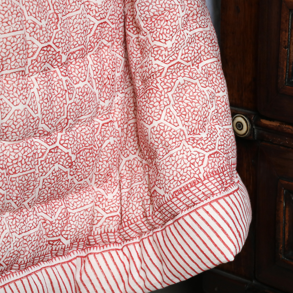 Kiki & Gautness Quilt in Ruby. Indian block print fabric. Indian block print. Block print quilts. Block print bedding.