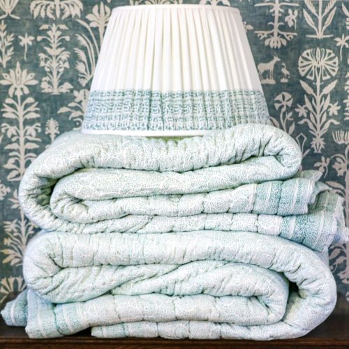 Block print quilts, block print lampshades, shenouk, bedroom decor, English block print, indian block print, indian textiles, quilts, lampshades, gathered lampshades, online shopping block print, online shopping homewares, online home fabrics, home fabrics, blue quilts, blue cushions, bedroom decor, teal quilt, aqua quilt, linen lampshades, luxury bed linen, uk quilts, uk lampshades
