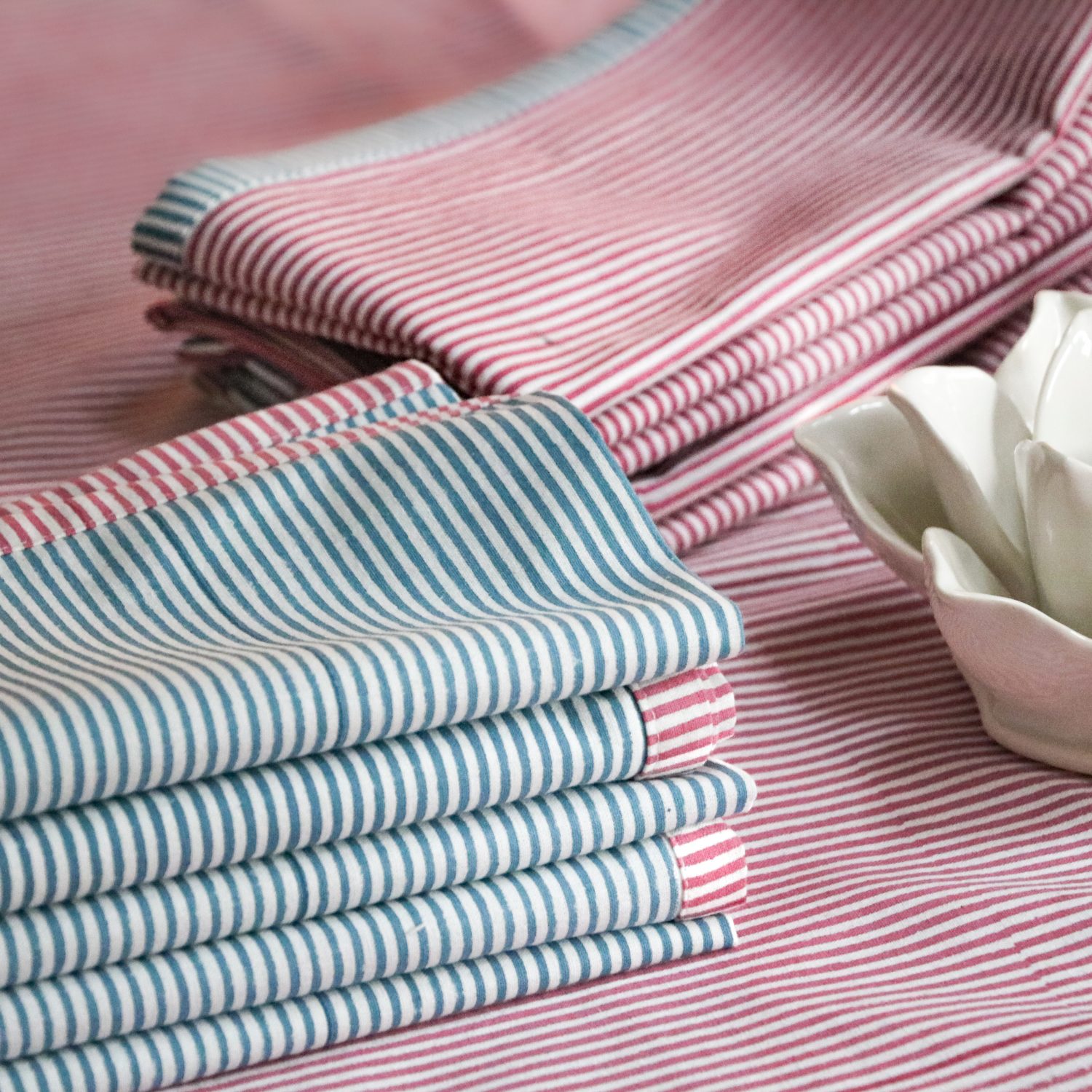 Eloise Napkins in Berry & Swedish Blue & Eloise Tablecloth in Berry napkins, block print napkins, shenouk, block print tablecloth, block print, table linen, online shopping block print, block print uk, luxury tables, tablescapes, block print table linen, indian block print, English block print, uk block print, uk tablecloth, luxury linen