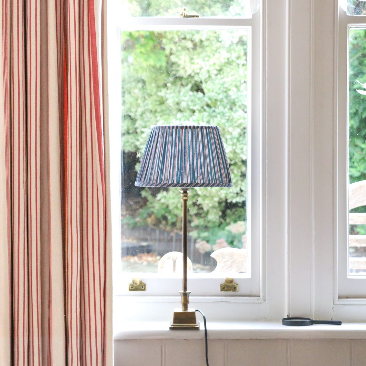 lampshades, block print lampshades, lighting, block print lighting, striped lampshades, handmade lampshades, English block print, indian bock print, block print home fabrics, block print homewares, shenouk, luxury lampshades, bespoke lampshades, blue lampshades, pink lampshades, English country style, English interiors