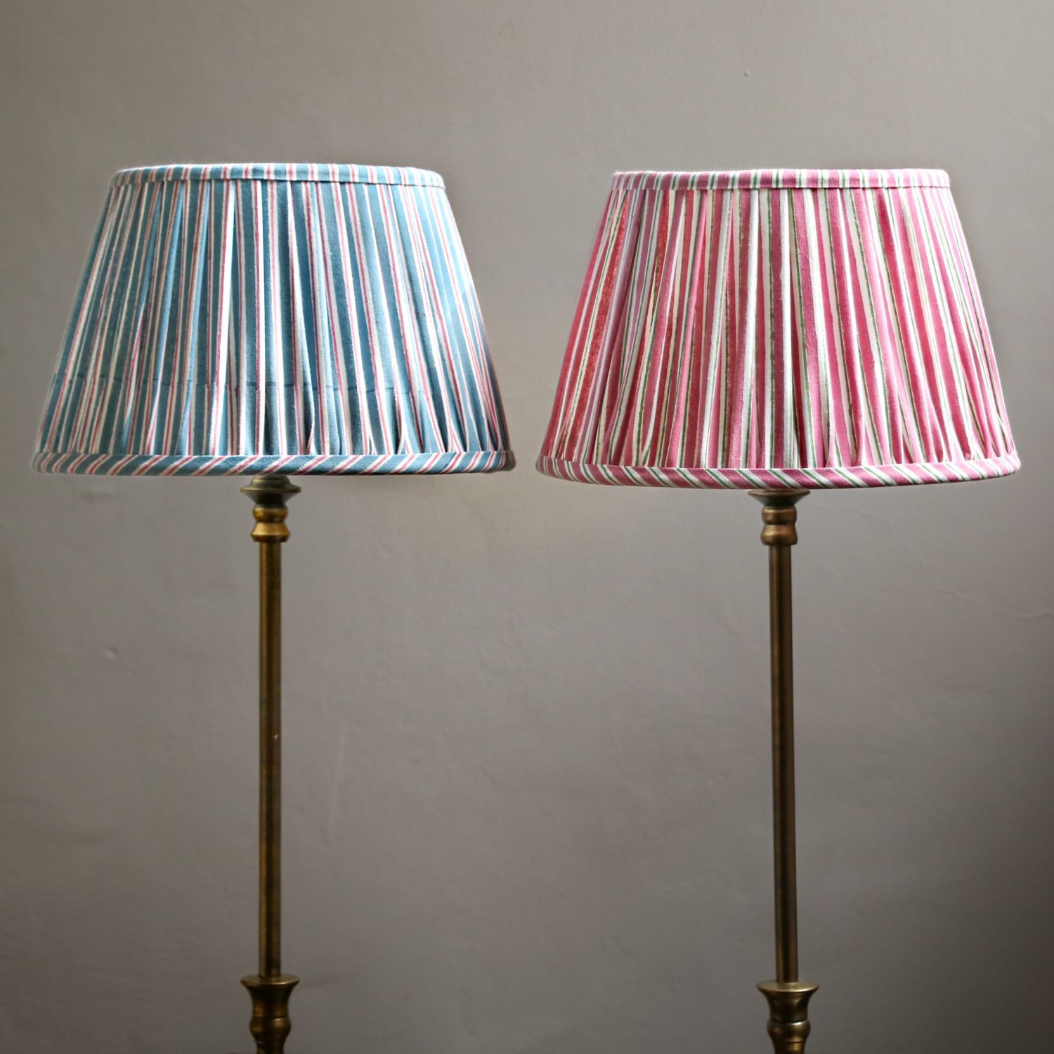 lampshades, block print lampshades, lighting, block print lighting, striped lampshades, handmade lampshades, English block print, indian bock print, block print home fabrics, block print homewares, shenouk, luxury lampshades, bespoke lampshades, blue lampshades, pink lampshades, English country style, English interiors