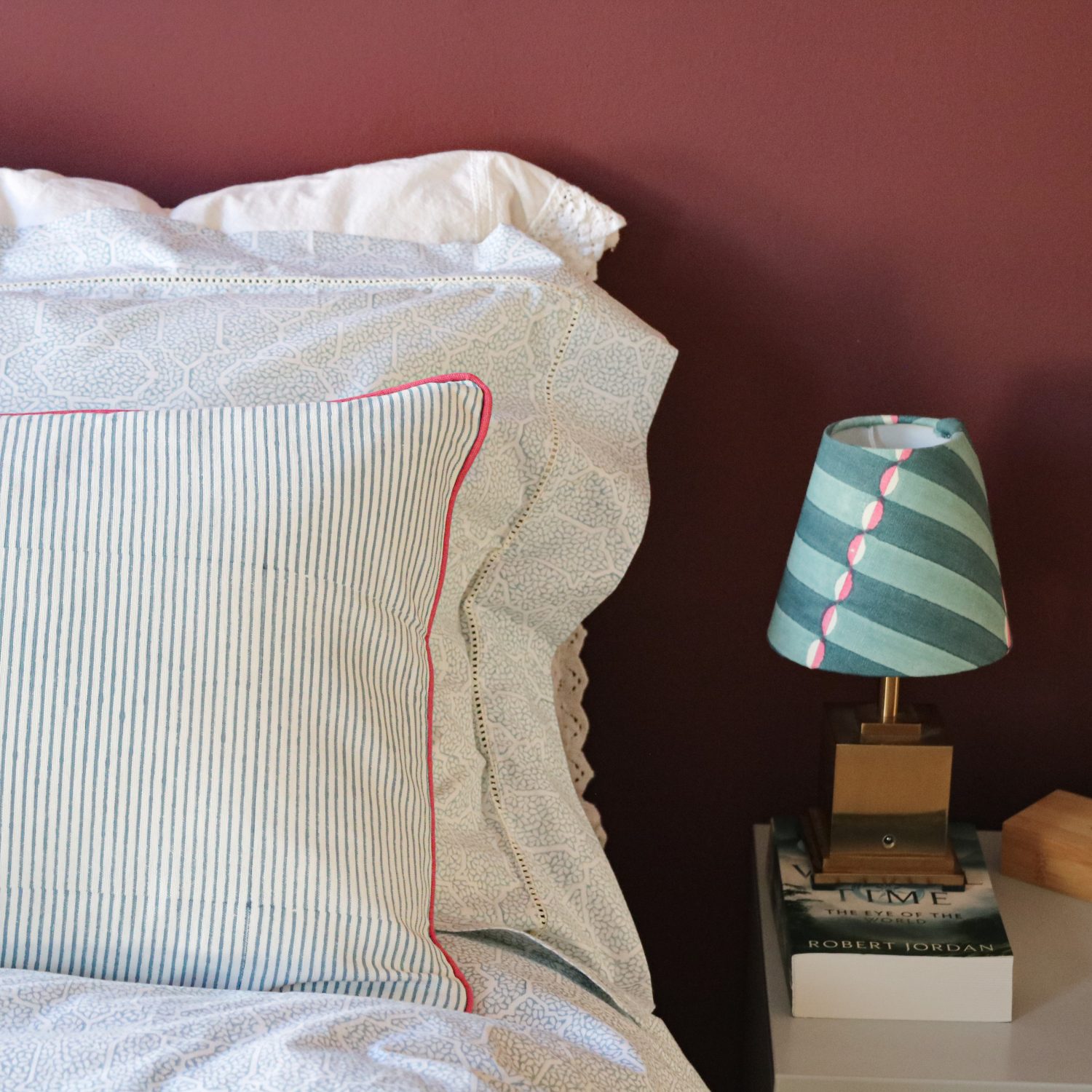 Gauntess Duvet Cover in Denim & Bridgehampton Cushion in Berry & Swedish Blue block print, block print cushions, indian block print, English block print, cushions, country house furnishings, shenouk, luxury cushions, bedroom cushions, sofa cushions, chair cushions, online block print, online shopping cushions, duvets, duvet covers, block print duvet covers, blue duvet covers, luxury duvet covers, luxury bedding, block print bedding