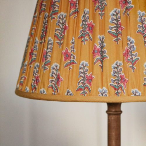 lampshades, block print lampshades, block print lighting, block print home fabric, yellow lampshades, handmade lampshades, English block print, Indian bock print, block print home accessories, block print homewares, shenouk, luxury lampshades, bespoke lampshades, blue lampshades, pink lampshades, English country style, English interiors, online shopping lampshades, English lampshades, gathered lampshades, fabric lampshades