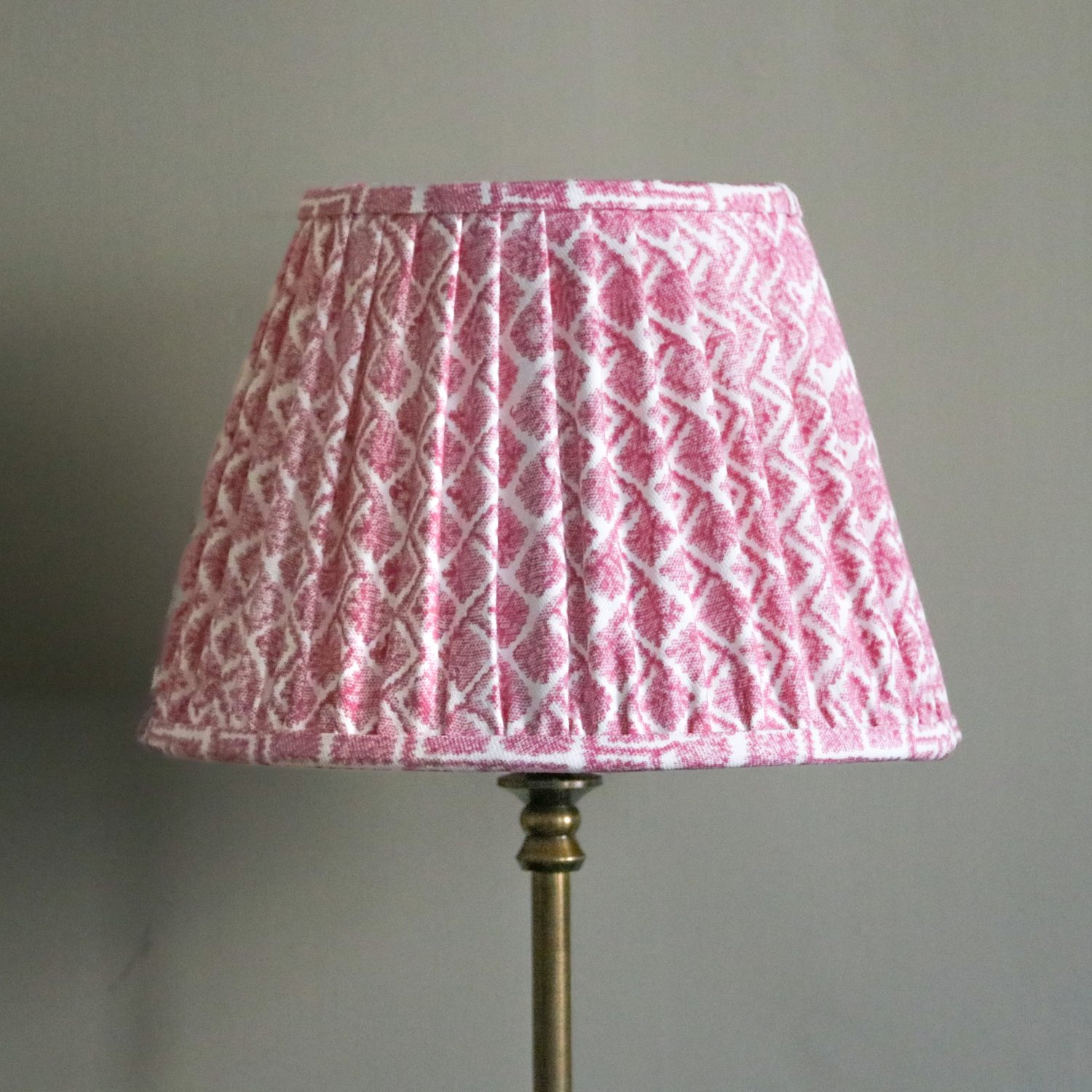 Ulrika Lampshade in Tulip indian block print, shenouk, luxury lampshades, block print lampshades, block print, uk lampshades, online lampshades, handmade lampshades, gathered lampshades, pleated lampshades, online shopping lampshades, English lampshades