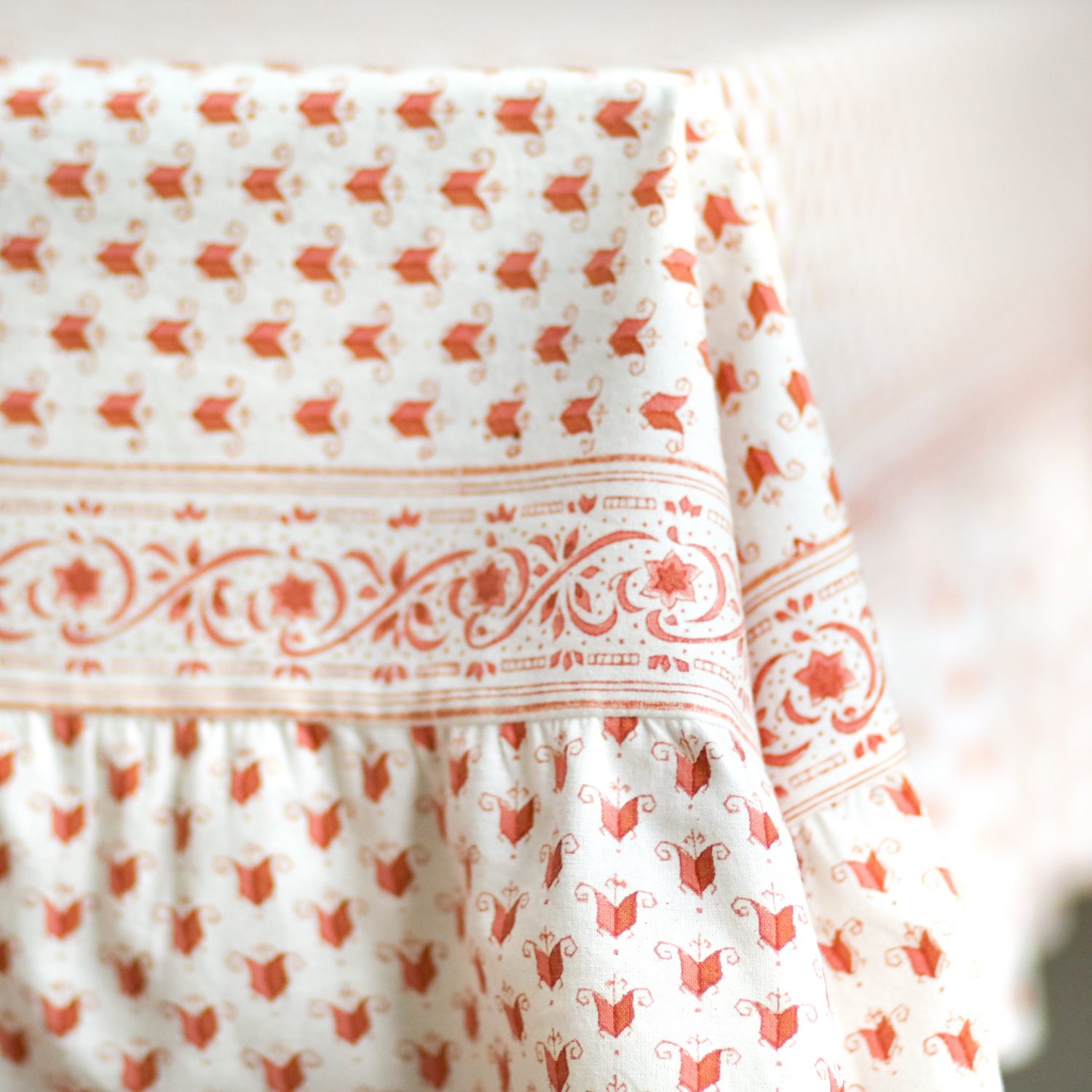 shenouk, luxury table linen, table linen, tablecloths, block print tablecloths, indian block print, English block print, online shopping block print, online block print, pink tablecloths, coral tablecloths, orange tablecloths, terracotta tablecloths