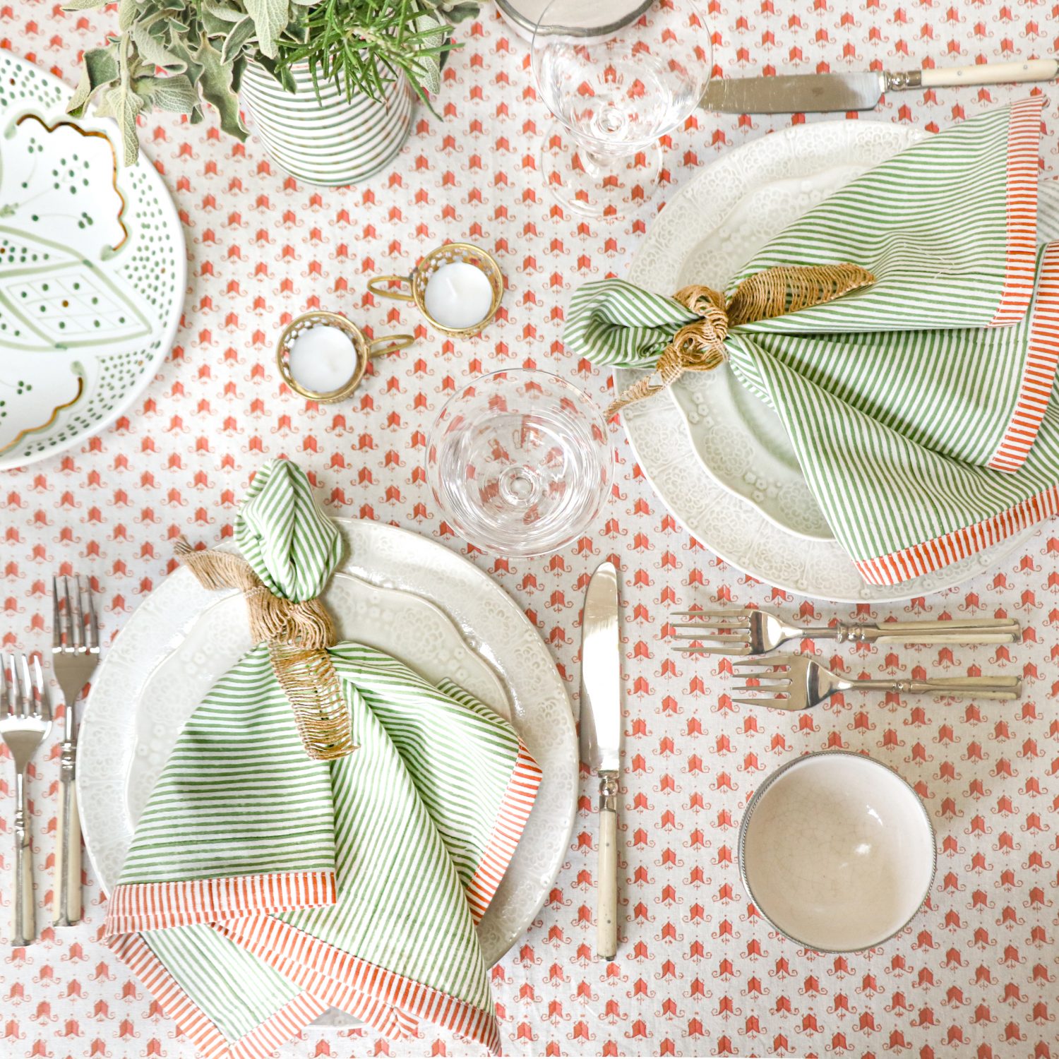 shenouk, luxury table linen, table linen, tablecloths, block print tablecloths, indian block print, English block print, online shopping block print, online block print, pink tablecloths, coral tablecloths, orange tablecloths, terracotta tablecloths, striped tablecloths, striped napkins