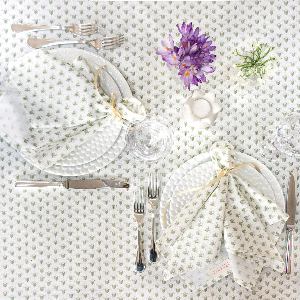 Livia Tablecloth in Sage & Livia Napkins in Sage shenouk, luxury table linen, table linen, tablecloths, block print tablecloths, indian block print, English block print, online shopping block print, online block print, floral tablecloths, green tablecloths, handmade table linen, organic cotton tablecloths, block print tablecloths, block print napkins, block print table linen, indian textiles