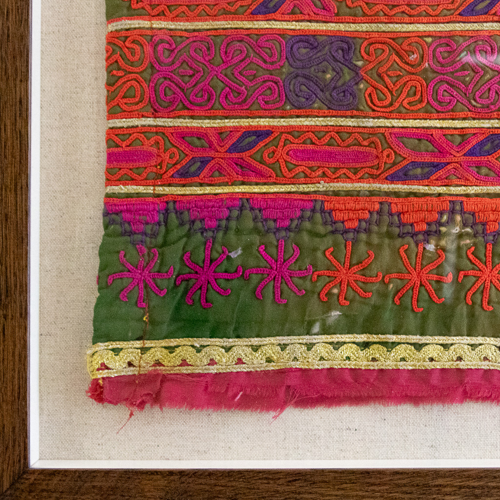 framed textiles, framed fabric, shenouk, indian textiles, indian embroidery, wall art, textiles as art, country house art, unique art, unique art for the home, framed fabric fragments, vintage embroidery, vintage fabric, vintage framed fabric, fabric art, indian sleeve cuffs, indian embroideries, framed embroidered panel
