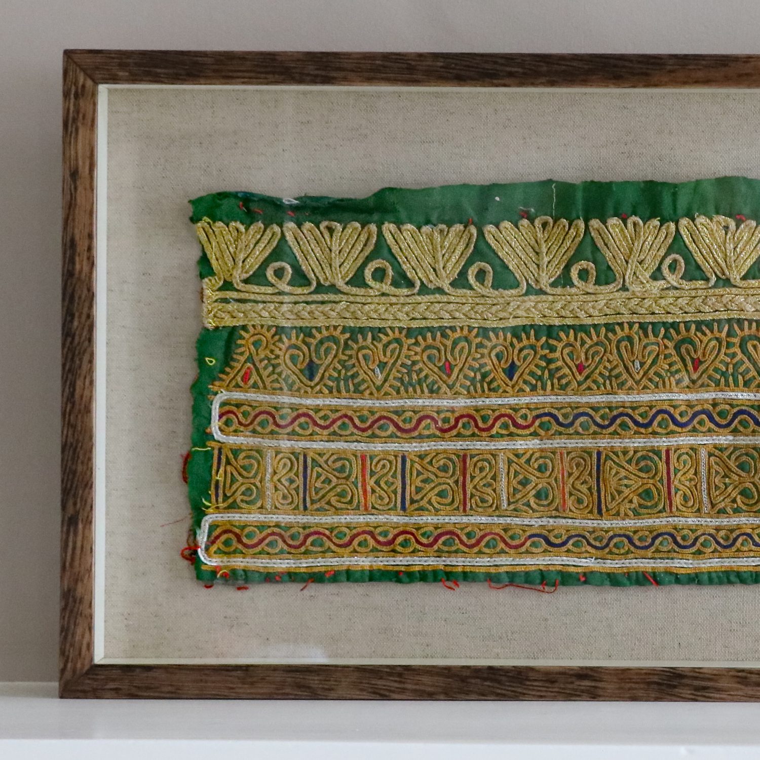 framed textiles, framed fabric, shenouk, indian textiles, indian embroidery, wall art, textiles as art, country house art, unique art, unique art for the home, framed fabric fragments, vintage embroidery, vintage fabric, vintage framed fabric, fabric art