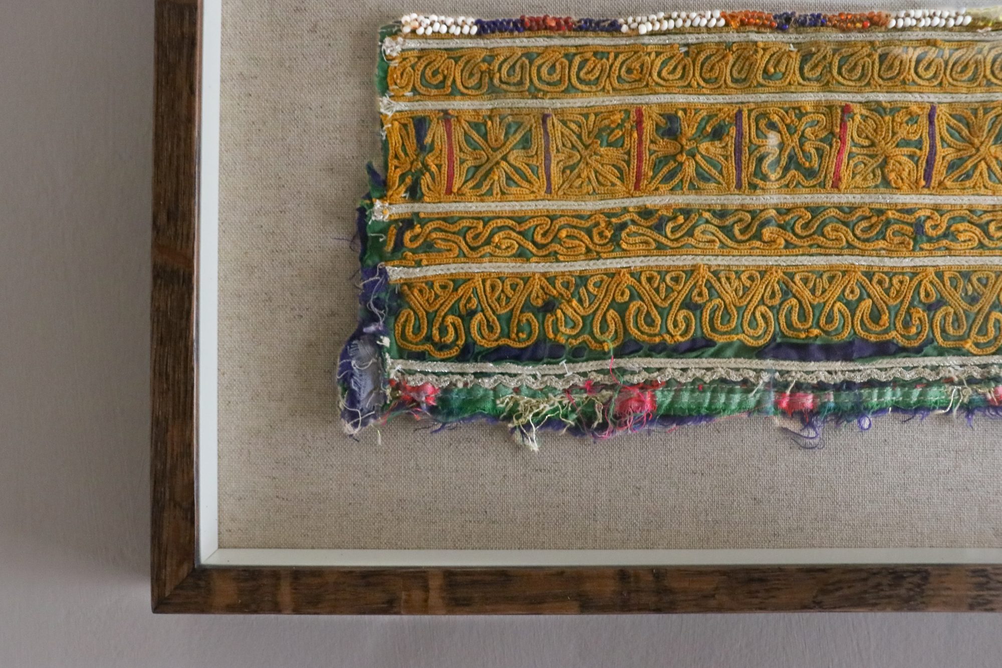 framed textiles, framed fabric, shenouk, indian textiles, indian embroidery, wall art, textiles as art, country house art, unique art, unique art for the home, framed fabric fragments, vintage embroidery, vintage fabric, vintage framed fabric, fabric art, indian sleeve cuffs, indian embroideries, framed embroidered panel