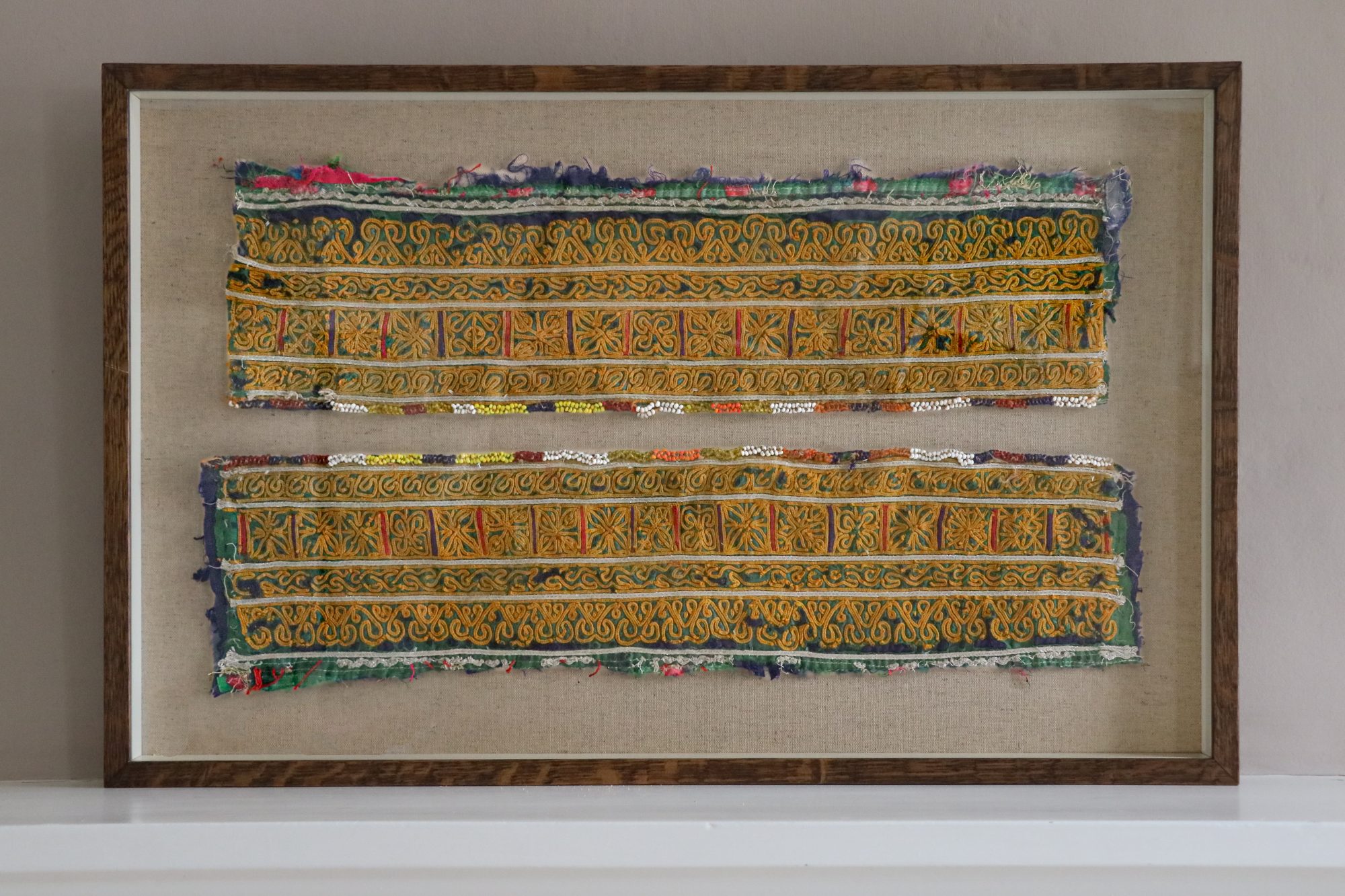 framed textiles, framed fabric, shenouk, indian textiles, indian embroidery, wall art, textiles as art, country house art, unique art, unique art for the home, framed fabric fragments, vintage embroidery, vintage fabric, vintage framed fabric, fabric art, indian sleeve cuffs, indian embroideries, framed embroidered panel