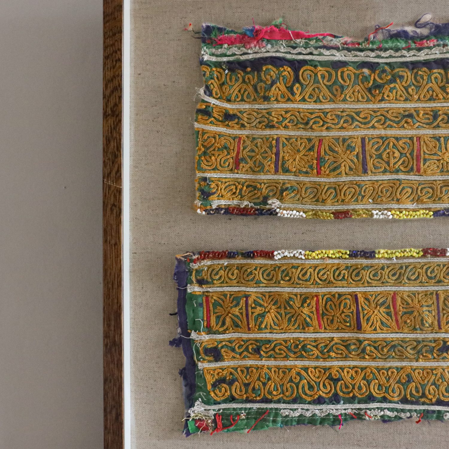 framed textiles, framed fabric, shenouk, indian textiles, indian embroidery, wall art, textiles as art, country house art, unique art, unique art for the home, framed fabric fragments, vintage embroidery, vintage fabric, vintage framed fabric, fabric art, indian sleeve cuffs, indian embroideries, framed embroidered panel