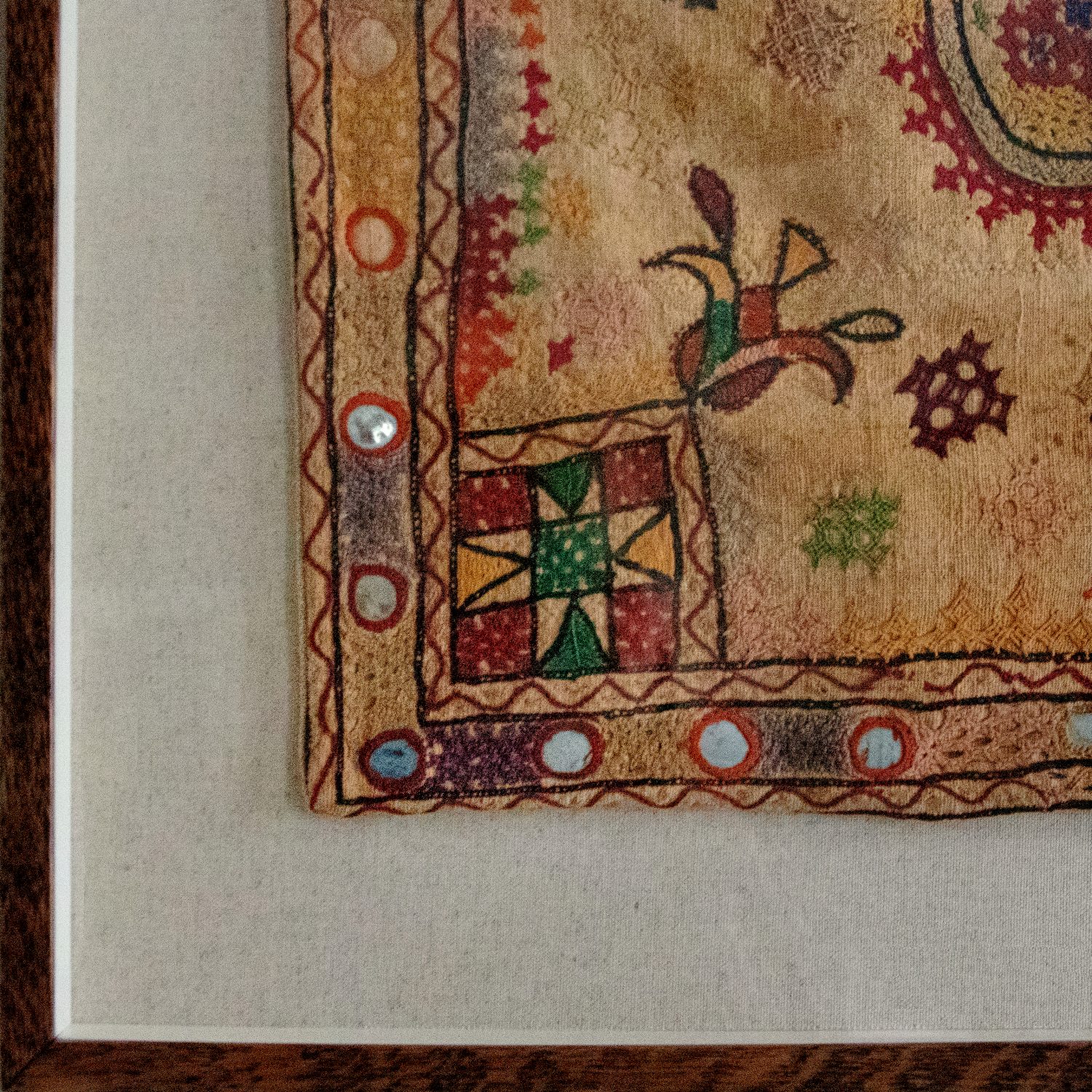 framed textiles, framed fabric, shenouk, indian textiles, indian embroidery, wall art, textiles as art, country house art, unique art, unique art for the home, framed fabric fragments, vintage embroidery, vintage fabric, vintage framed fabric, fabric art, indian sleeve cuffs, indian embroideries, framed embroidered panel