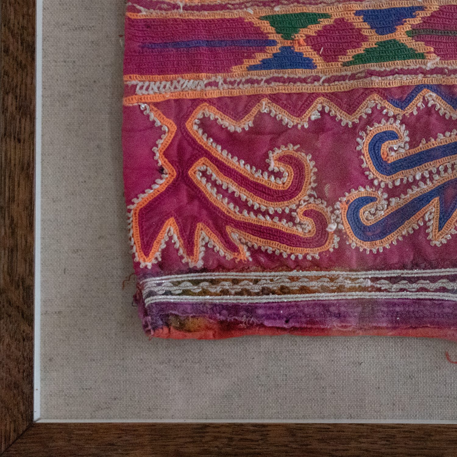 framed textiles, framed fabric, shenouk, indian textiles, indian embroidery, wall art, textiles as art, country house art, unique art, unique art for the home, framed fabric fragments, vintage embroidery, vintage fabric, vintage framed fabric, fabric art, indian sleeve cuffs, indian embroideries, framed embroidered panel