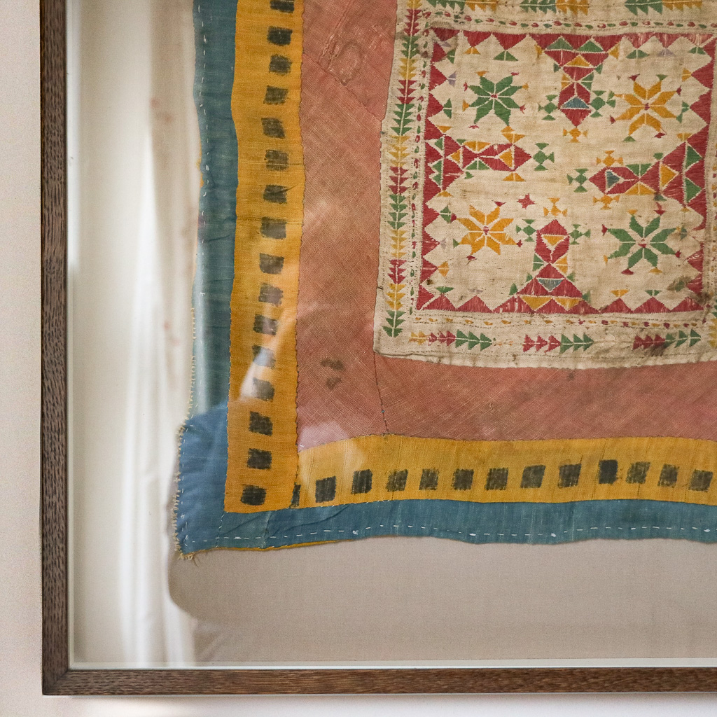 Denormandie Hill Vintage Framed Textile. Indian block print fabric. Block print fabric. Vintage indian textiles.