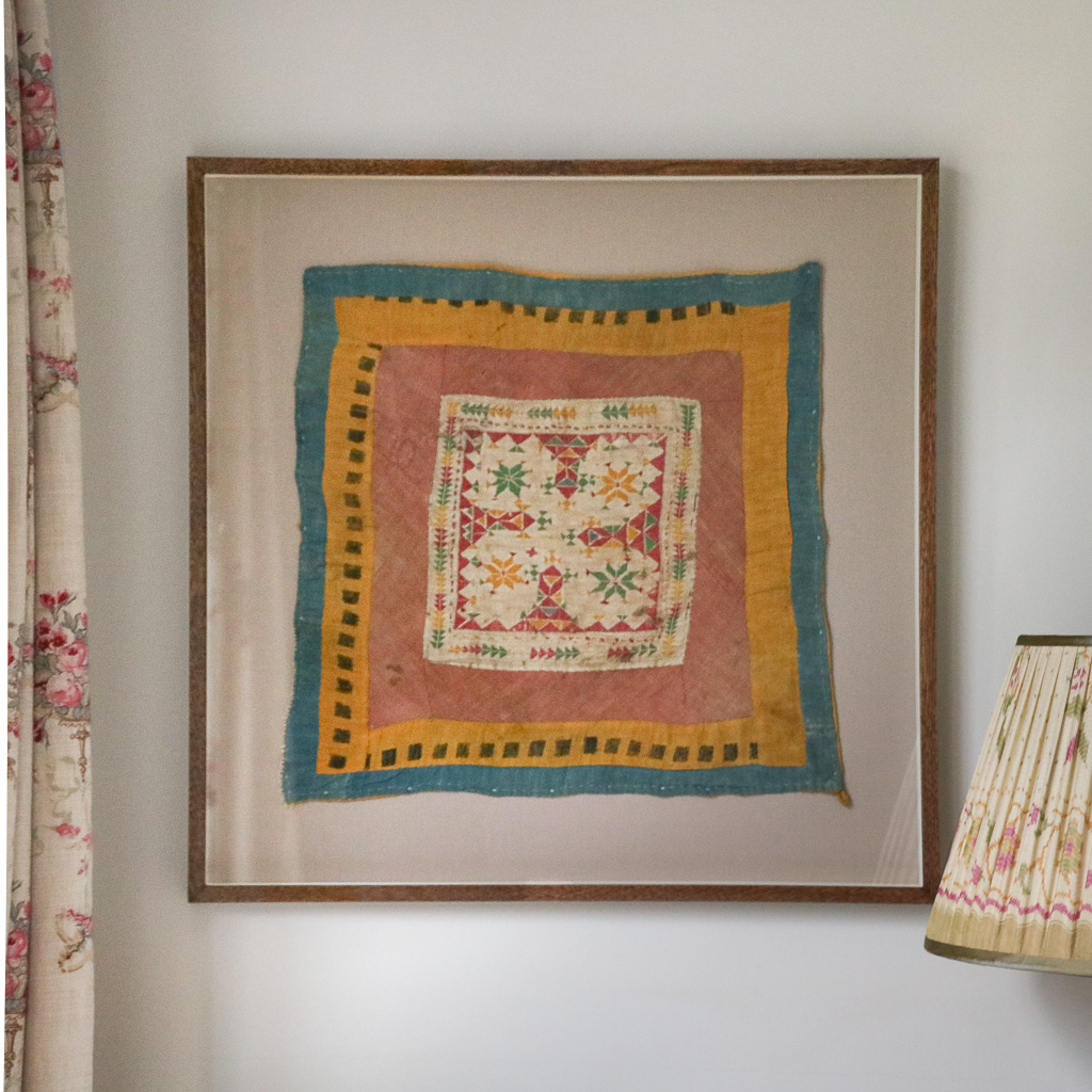 Denormandie Hill Vintage Framed Textile. Indian block print fabric. Block print fabric. Vintage indian textiles.