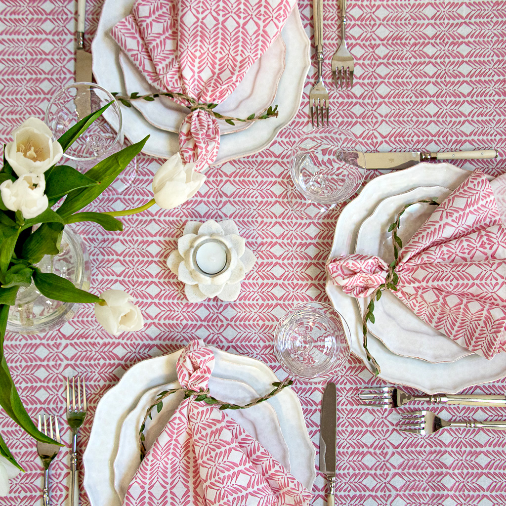 shenouk, luxury table linen, table linen, tablecloths, block print tablecloths, indian block print, English block print, online shopping block print, online block print, pink tablecloths, napkins, block print napkins, pink napkins, English table linen, British table linen, online table linen, online tablecloths, pink block print, indian block print