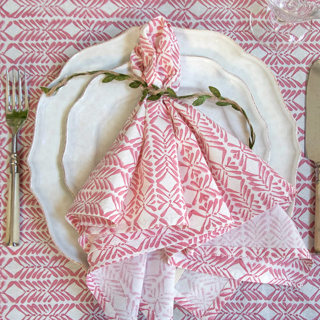Bryony Tablecloth and Napkins in Tulip shenouk, luxury table linen, table linen, tablecloths, block print tablecloths, indian block print, English block print, online shopping block print, online block print, pink tablecloths, napkins, block print napkins, pink napkins, English table linen, British table linen, online table linen, online tablecloths, pink block print, indian block print