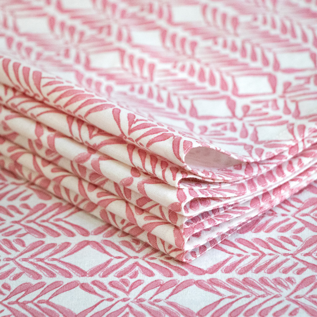 Bryony Tablecloth and Napkins in Tulip shenouk, luxury table linen, table linen, tablecloths, block print tablecloths, indian block print, English block print, online shopping block print, online block print, pink tablecloths, napkins, block print napkins, pink napkins, English table linen, British table linen, online table linen, online tablecloths, pink block print, indian block print