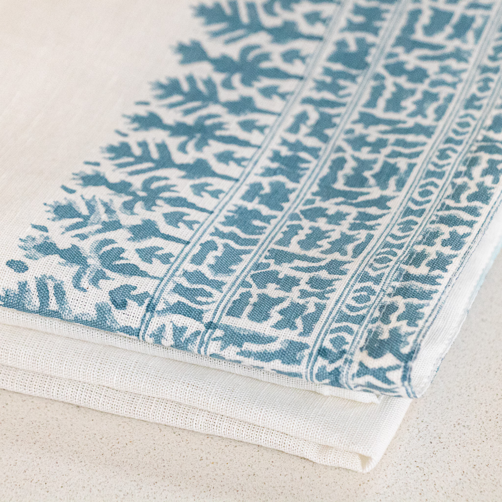 Doz Tea Towel in Swedish Blue shenouk, block print, handmade table linen, online shopping tablecloths, online shopping tea towels, block print uk, indian block print, tea towels, kitchen fabrics, hand towels, kitchen towels, luxury linens, indian textiles