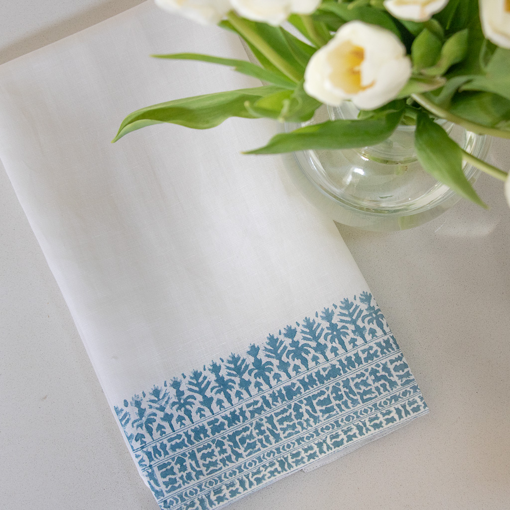 Doz Tea Towel in Swedish Blue shenouk, block print, handmade table linen, online shopping tablecloths, online shopping tea towels, block print uk, indian block print, tea towels, kitchen fabrics, hand towels, kitchen towels, luxury linens, indian textiles
