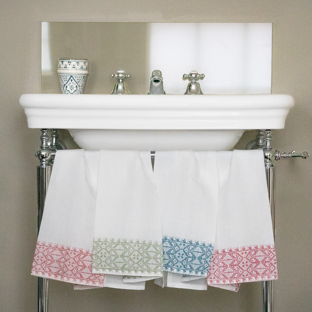 Livia Border Hand Towels hand towels, linen hand towels, block print hand towels, tea towels, linen tea towels, shenouk, luxury bath linen, bath linen, online shopping block print, online block print, uk block print, shopping block print, bathroom block print linen