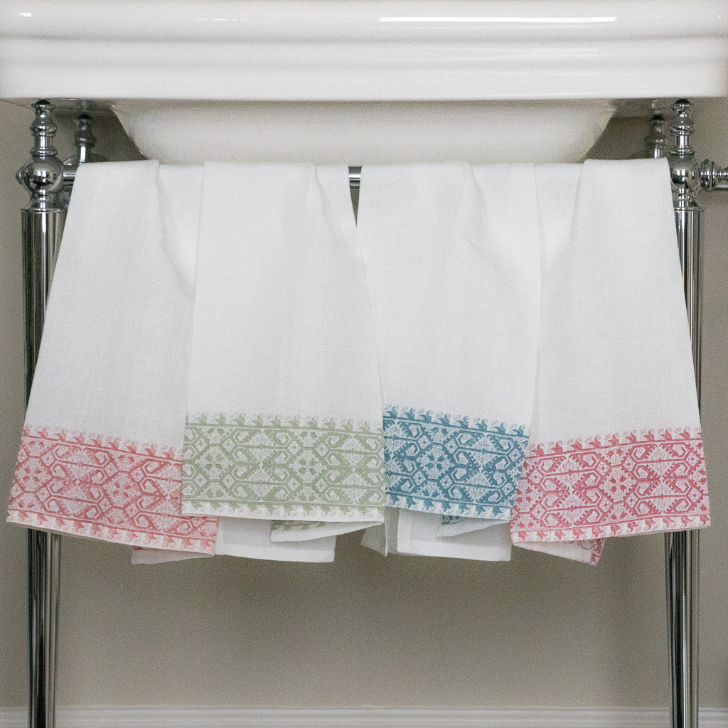 Livia Border Hand Towels hand towels, linen hand towels, block print hand towels, tea towels, linen tea towels, shenouk, luxury bath linen, bath linen, online shopping block print, online block print, uk block print, shopping block print, bathroom block print linen