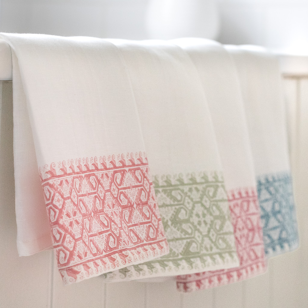 Livia Border Hand Towels hand towels, linen hand towels, block print hand towels, tea towels, linen tea towels, shenouk, luxury bath linen, bath linen, online shopping block print, online block print, uk block print, shopping block print, bathroom block print linen