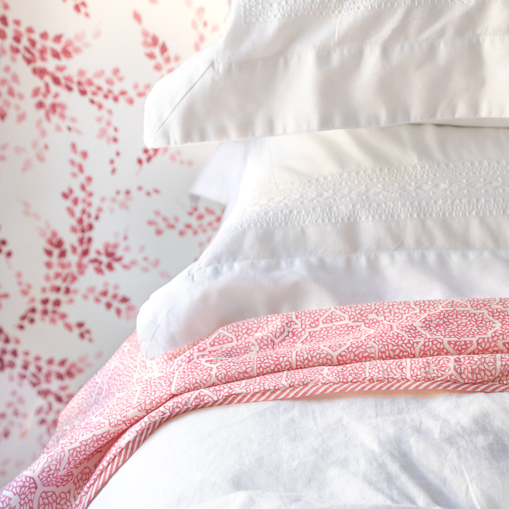 Gauntess Dohar in Dusty Rose & Tulip Dohars, sheets, bed sheets, sheeting, indian bedding, shenouk, luxury sheets, luxury bedding, block print sheets, block print bedding, online dohars, online shopping dohars, dohars uk, shopping dohars, indian sheets, soft sheets, softest sheets, English block print, bedroom sheets, luxury home fabrics, English home fabrics, English fabrics, block print fabrics