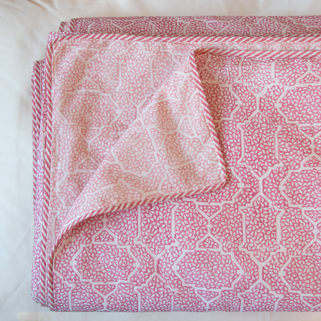 Gauntess Dohar in Dusty Rose & Tulip Dohars, sheets, bed sheets, sheeting, indian bedding, shenouk, luxury sheets, luxury bedding, block print sheets, block print bedding, online dohars, online shopping dohars, dohars uk, shopping dohars, indian sheets, soft sheets, softest sheets, English block print, bedroom sheets, luxury home fabrics, English home fabrics, English fabrics, block print fabrics