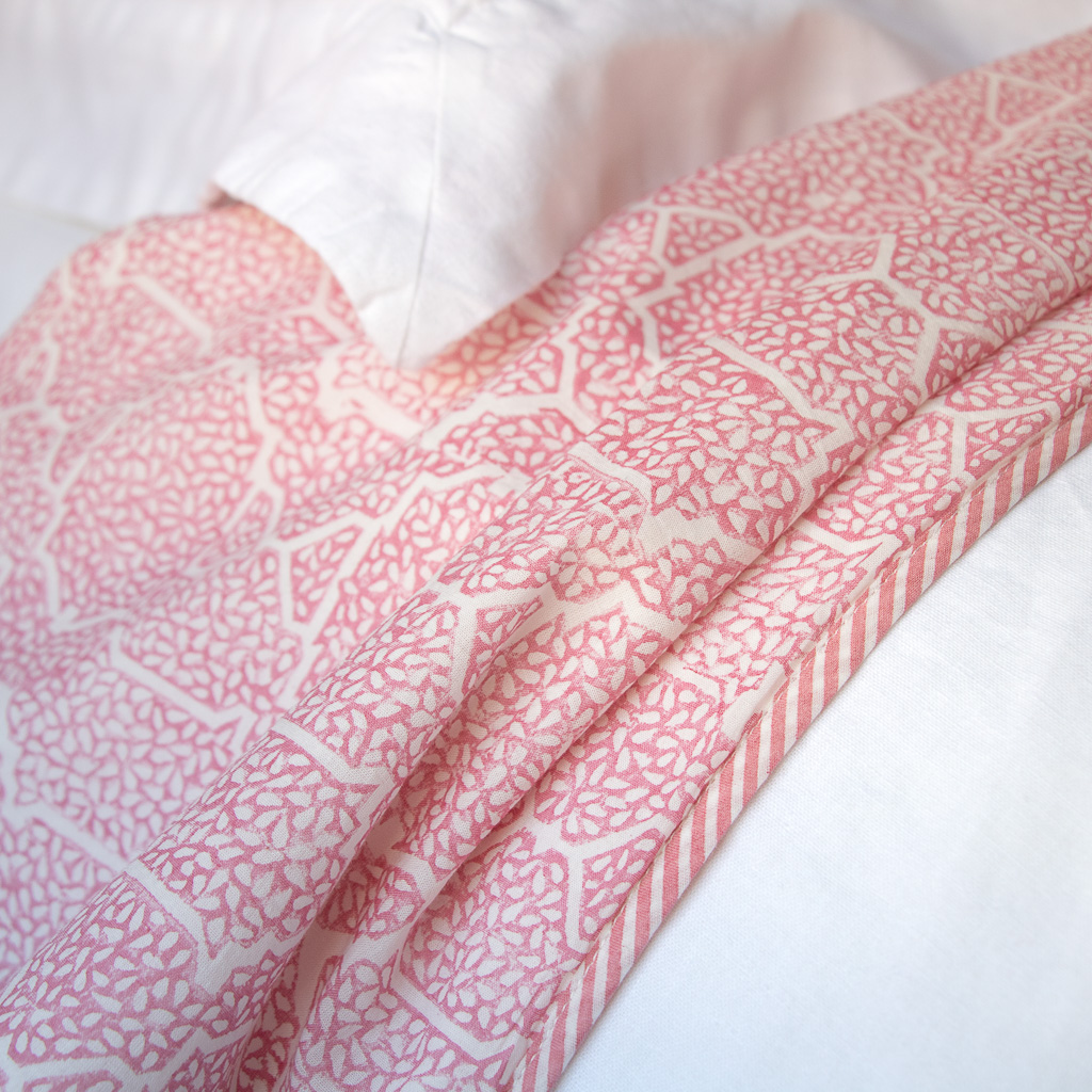 Gauntess Dohar in Dusty Rose & Tulip Dohars, sheets, bed sheets, sheeting, indian bedding, shenouk, luxury sheets, luxury bedding, block print sheets, block print bedding, online dohars, online shopping dohars, dohars uk, shopping dohars, indian sheets, soft sheets, softest sheets, English block print, bedroom sheets, luxury home fabrics, English home fabrics, English fabrics, block print fabrics