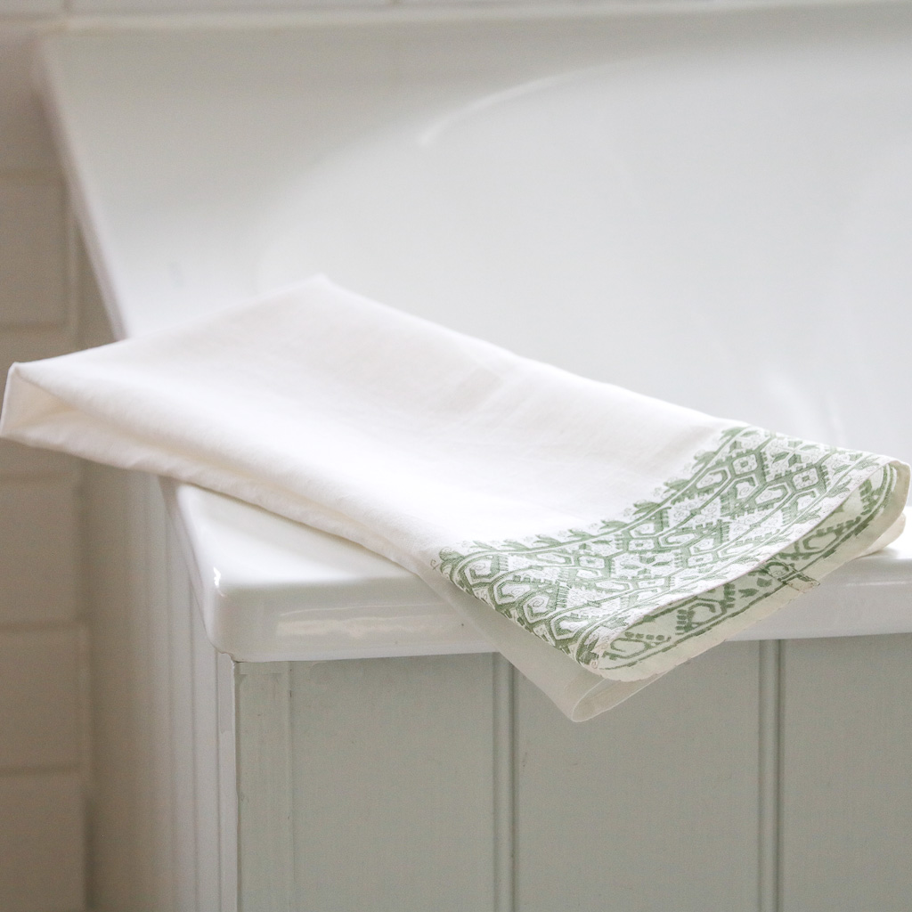 Livia Border Hand Towel in Thyme, shenouk, Indian block print fabric, indian block print, block print hand towels, linen hand towels, bathroom hand towels Livia Border Hand Towel in Thyme, shenouk, Indian block print fabric, indian block print, block print hand towels, linen hand towels, bathroom hand towels