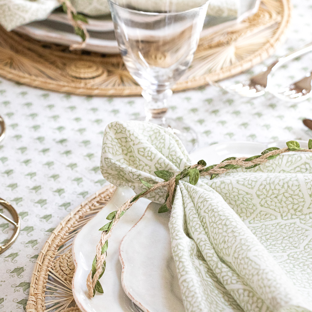 Livia Tablecloth in Sage & Gauntess Napkins in Moss shenouk, luxury table linen, table linen, tablecloths, block print tablecloths, indian block print, English block print, online shopping block print, online block print, floral tablecloths, green tablecloths, handmade table linen, organic cotton tablecloths, block print tablecloths, block print napkins, block print table linen, indian textiles