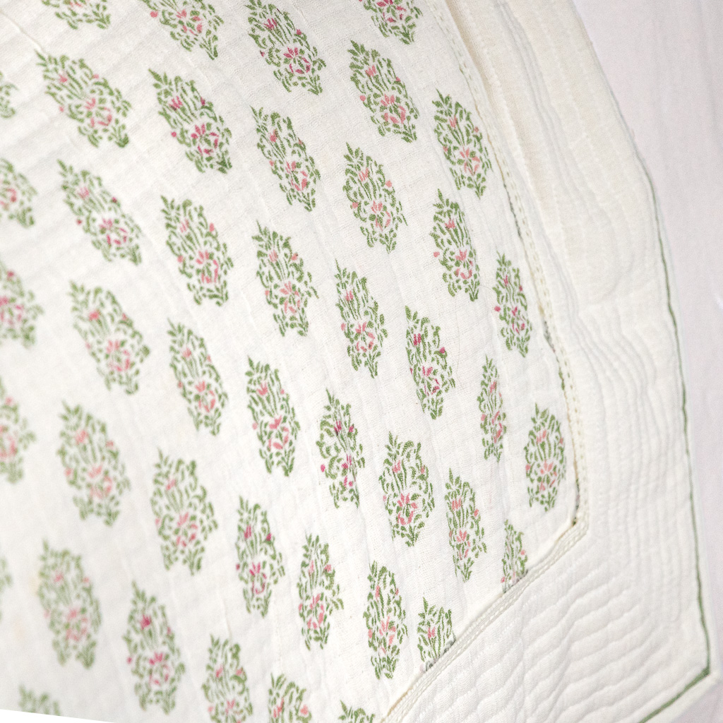 Navina Coverlet (Side view) shenouk, luxury quilts, luxury bedcovers, quilts, bedcovers, coverlets, throws, wall hangings, indian block print, block print coverlets, block print bedcovers, block print quilts, online quilts, online shopping quilts, uk quilts, beautiful bedding