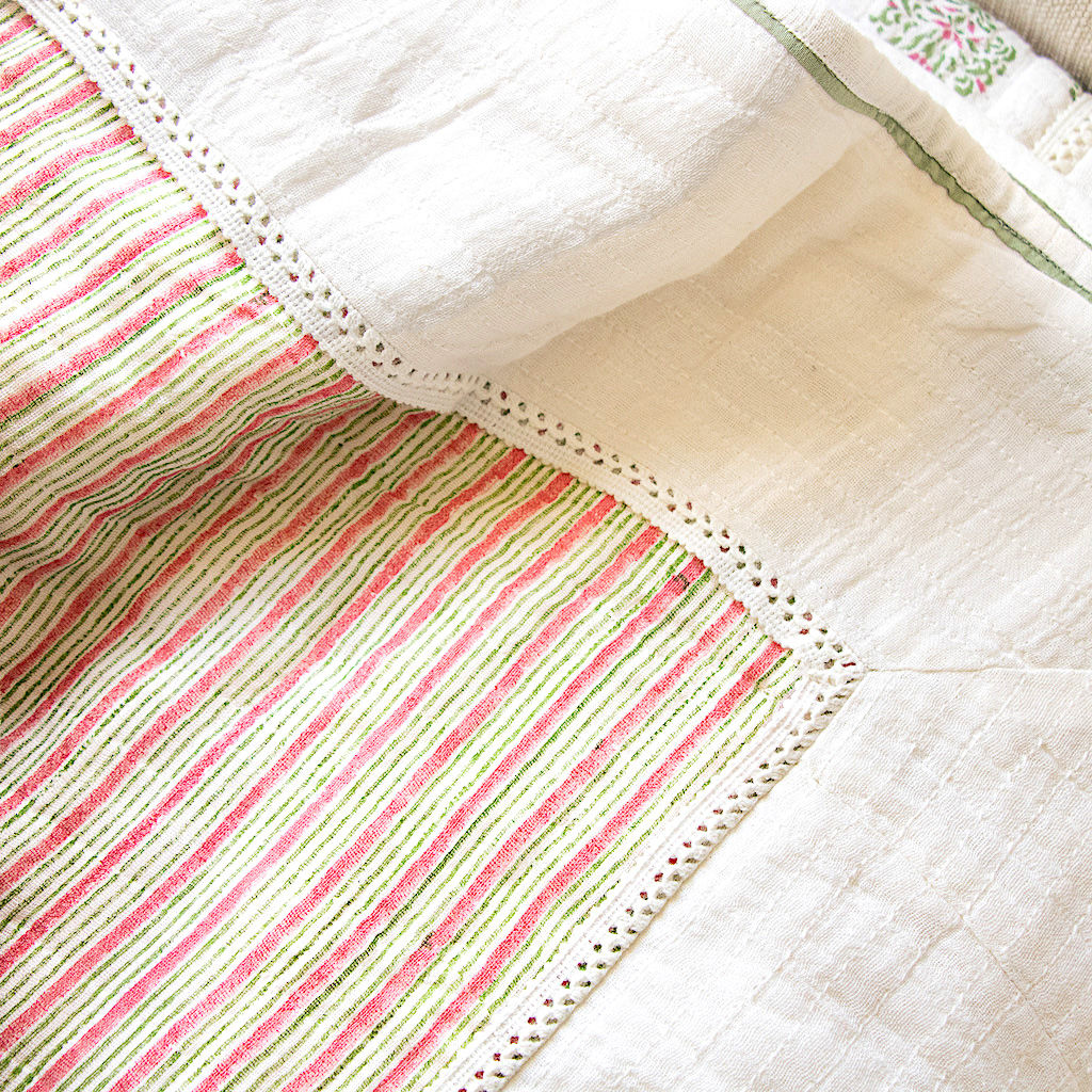 Navina Coverlet in Willow (reverse) shenouk, luxury quilts, luxury bedcovers, quilts, bedcovers, coverlets, throws, wall hangings, indian block print, block print coverlets, block print bedcovers, block print quilts, online quilts, online shopping quilts, uk quilts, beautiful bedding