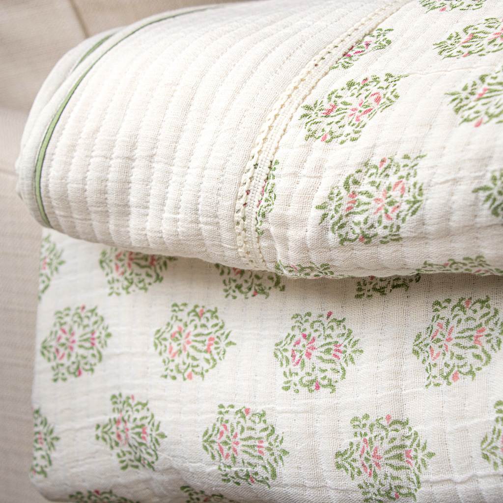 Navina Coverlet in Willow shenouk, luxury quilts, luxury bedcovers, quilts, bedcovers, coverlets, throws, wall hangings, indian block print, block print coverlets, block print bedcovers, block print quilts, online quilts, online shopping quilts, uk quilts, beautiful bedding