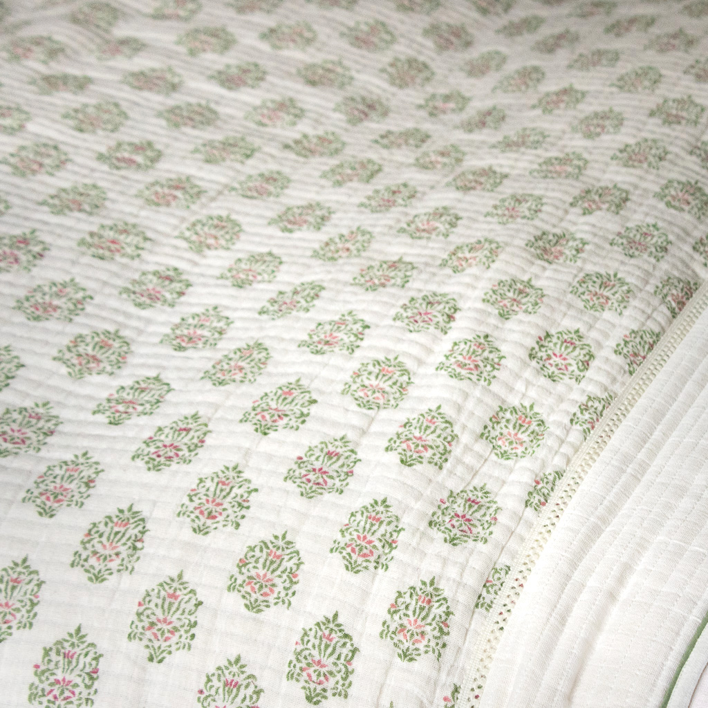 Navina Coverlet in Willow shenouk, luxury quilts, luxury bedcovers, quilts, bedcovers, coverlets, throws, wall hangings, indian block print, block print coverlets, block print bedcovers, block print quilts, online quilts, online shopping quilts, uk quilts, beautiful bedding
