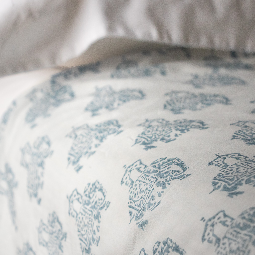 Rania Dohar in Denim Dohars, sheets, bed sheets, sheeting, indian bedding, shenouk, luxury sheets, luxury bedding, block print sheets, block print bedding, online dohars, online shopping dohars, dohars uk, shopping dohars, indian sheets, soft sheets, softest sheets, English block print, bedroom sheets, luxury home fabrics, English home fabrics, English fabrics, block print fabrics