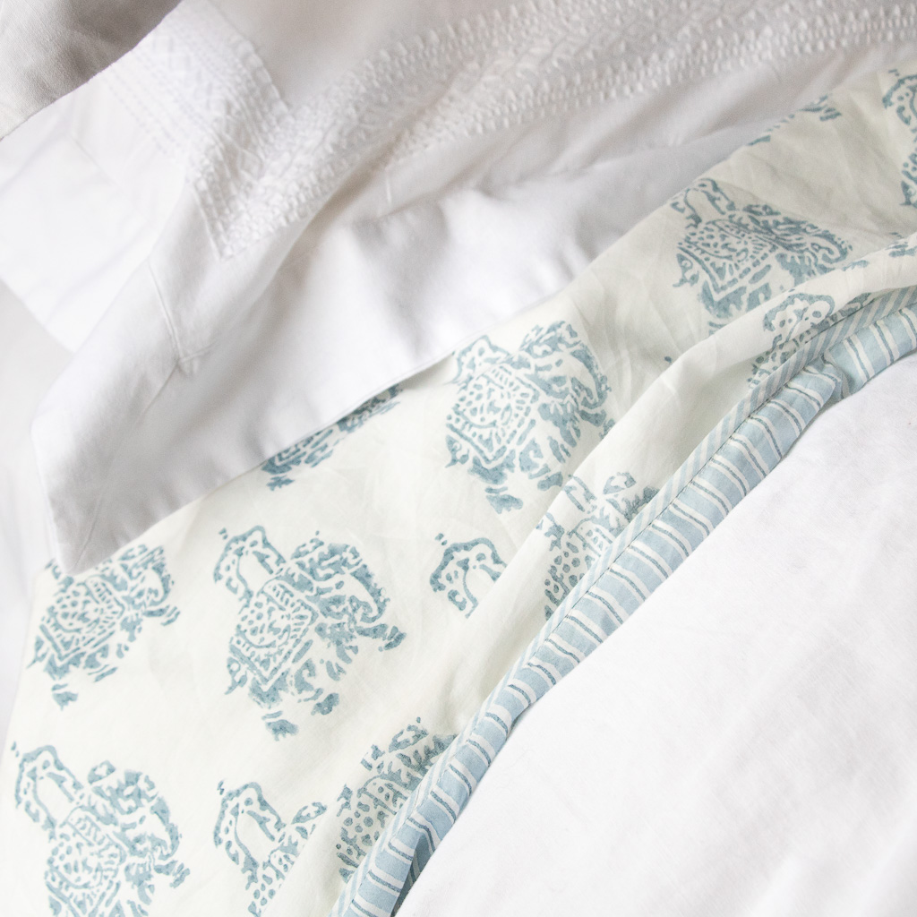 Rania Dohar in Denim Dohars, sheets, bed sheets, sheeting, indian bedding, shenouk, luxury sheets, luxury bedding, block print sheets, block print bedding, online dohars, online shopping dohars, dohars uk, shopping dohars, indian sheets, soft sheets, softest sheets, English block print, bedroom sheets, luxury home fabrics, English home fabrics, English fabrics, block print fabrics