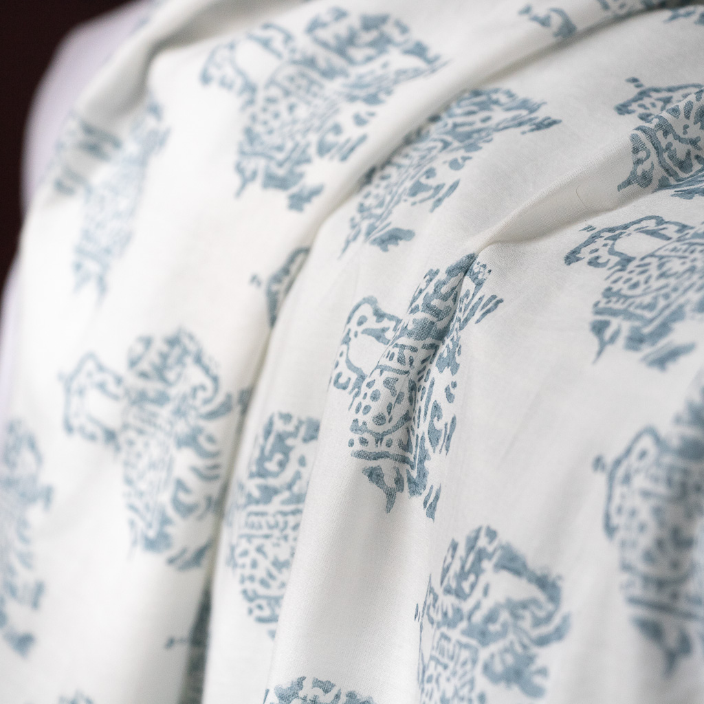 Rania Dohar in Denim Dohars, sheets, bed sheets, sheeting, indian bedding, shenouk, luxury sheets, luxury bedding, block print sheets, block print bedding, online dohars, online shopping dohars, dohars uk, shopping dohars, indian sheets, soft sheets, softest sheets, English block print, bedroom sheets, luxury home fabrics, English home fabrics, English fabrics, block print fabrics