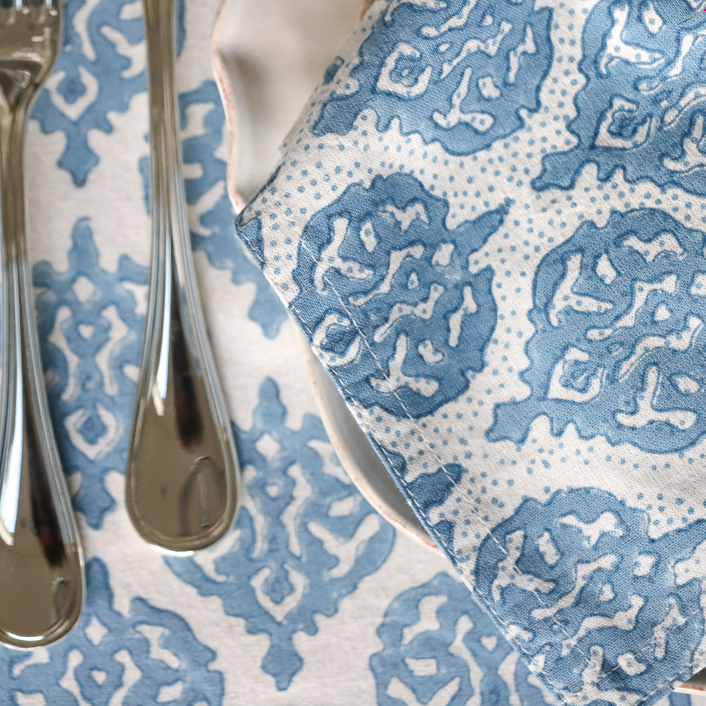Anastasia Tablecloth & Napkins in Swedish Blue