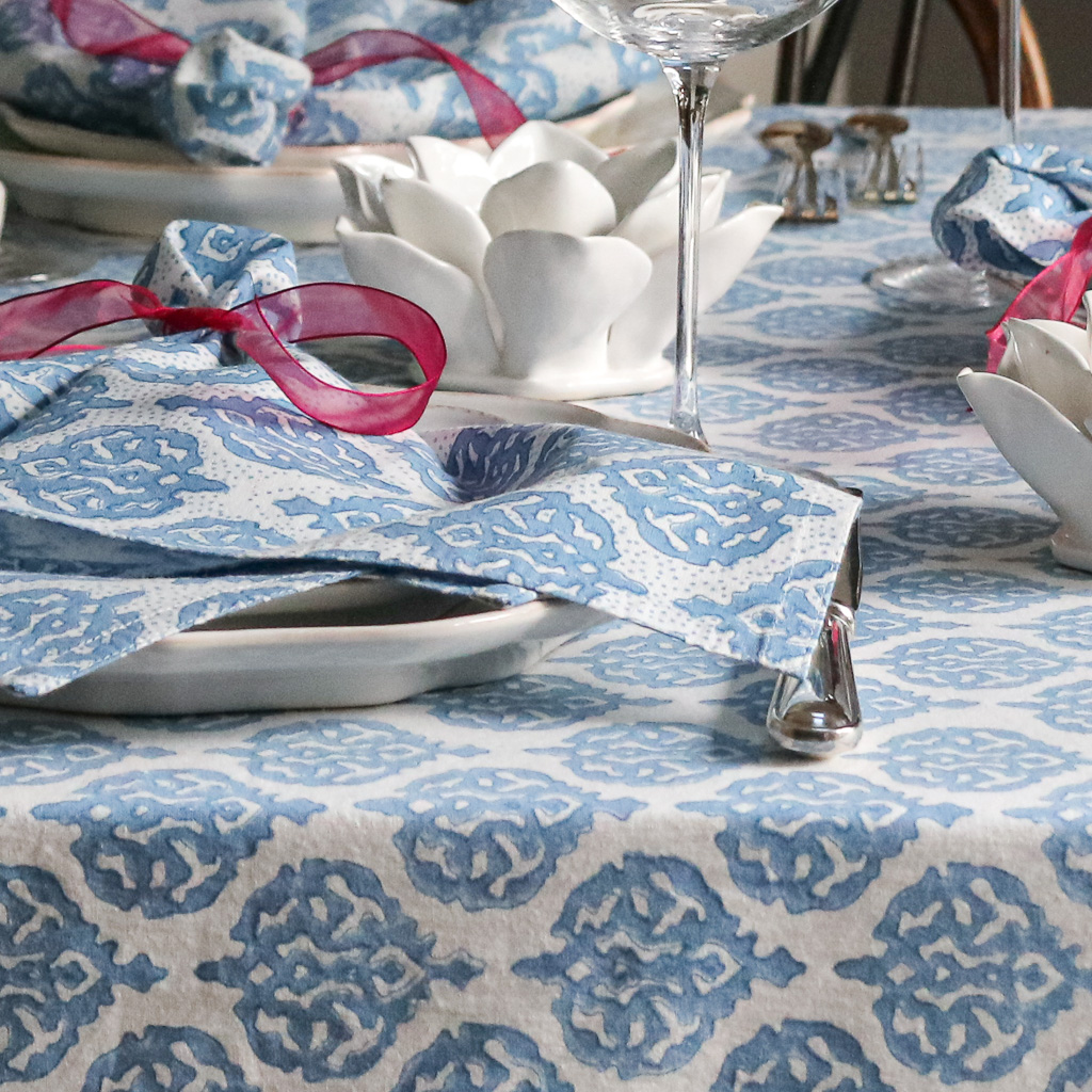 Anastasia Tablecloth & Napkins in Swedish Blue